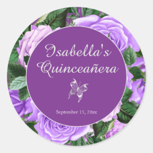 Quinceañera Purple Vintage Floral Butterfly  Classic Round Sticker
