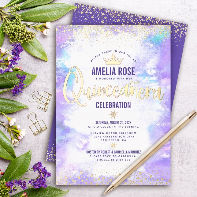 Quinceañera Purple Watercolor Glam Crown Real Gold (Creator Uploaded)