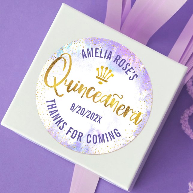 Quinceañera Purple Watercolor Gold Foil Elegant Classic Round Sticker (Creator Uploaded)