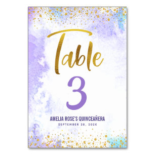 Quinceañera Purple Watercolor Gold Glitter Script Table Number