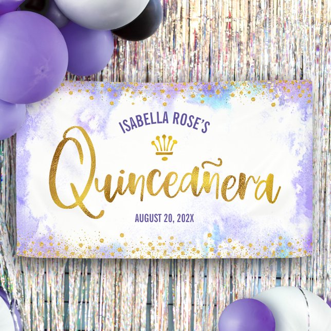Quinceañera Purple Watercolor Gold Script Welcome  Banner (Creator Uploaded)