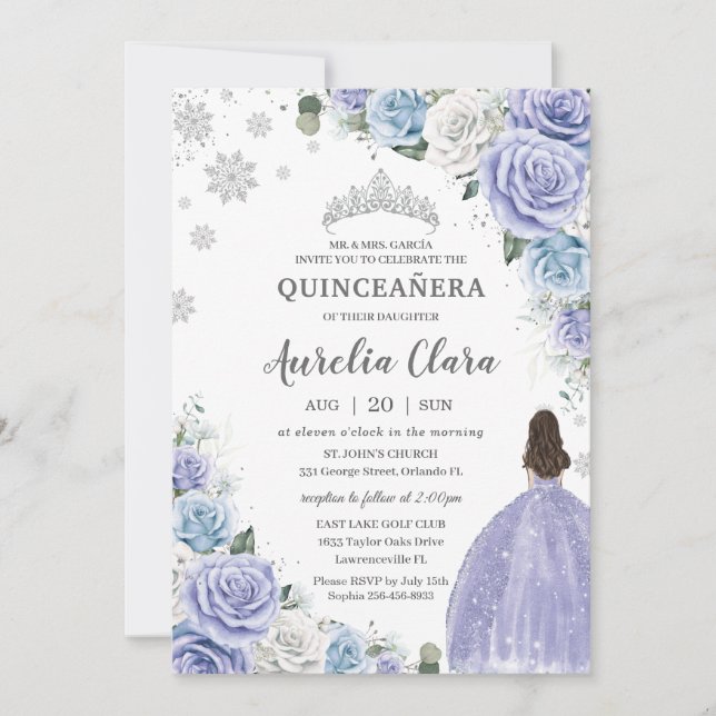 Quinceañera Purple White Blue Floral Winter Snow Invitation (Front)