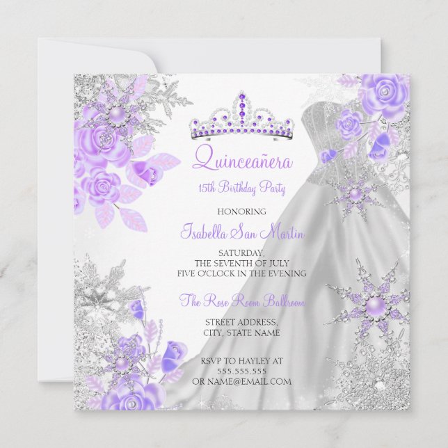 Quinceanera Purple Winter Wonderland Snowflake 2 Invitation (Front)