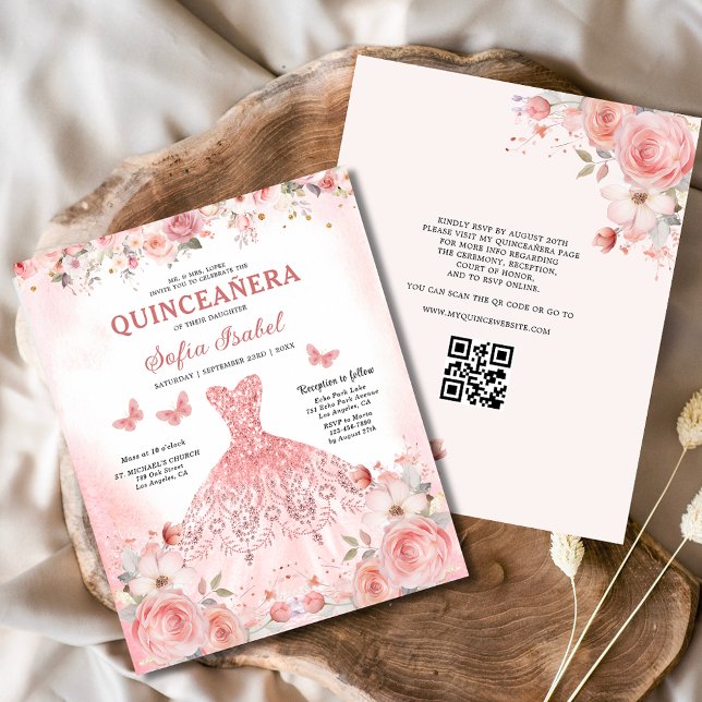 Quinceañera QR Code Blush Pink Rose Floral  (Creator Uploaded)