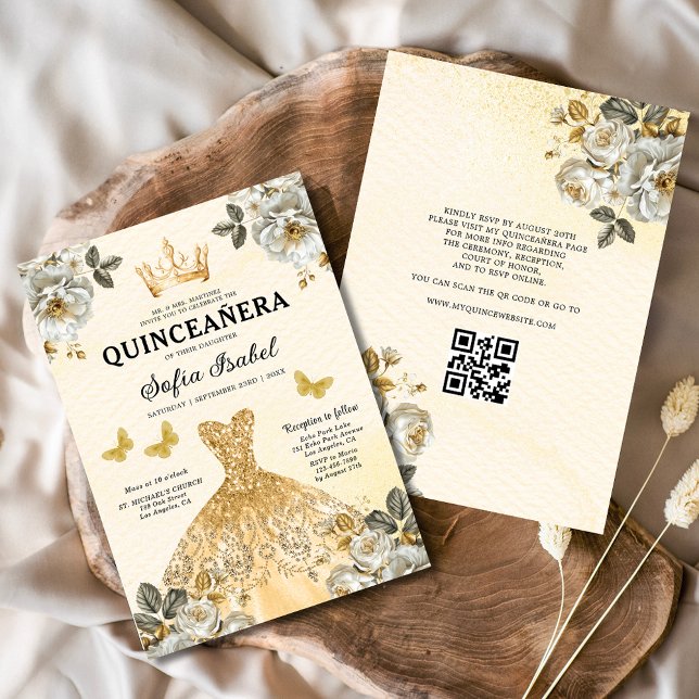 Quinceanera QR Code Floral Gold Princess  Invitation (Creator Uploaded)