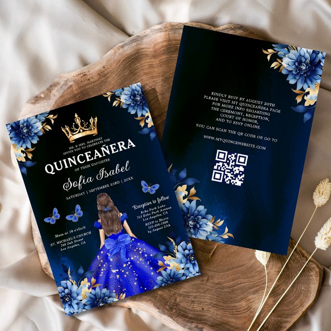 Quinceanera QR Code Royal Blue Butterfly Princess  Invitation (Creator Uploaded)