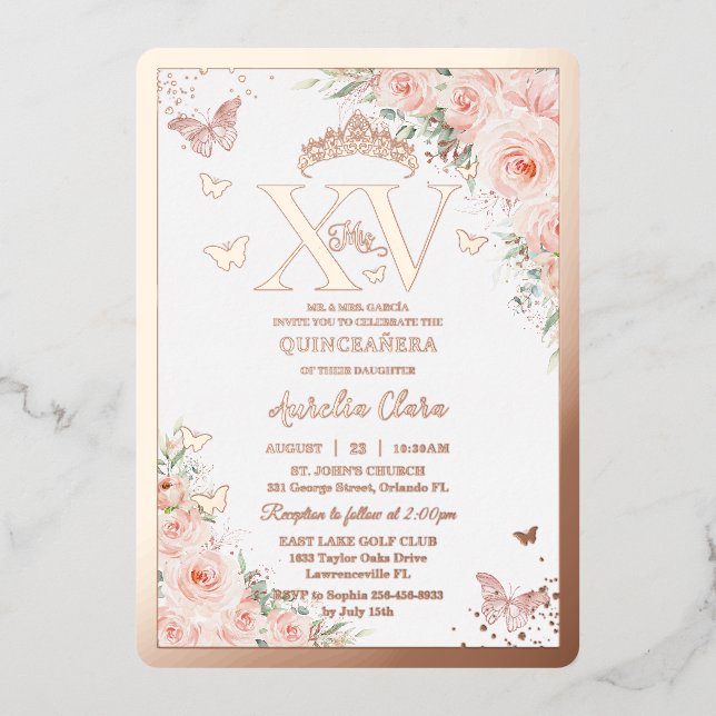 Quinceañera Quince 15 XV Blush Floral Rose Gold (Front)
