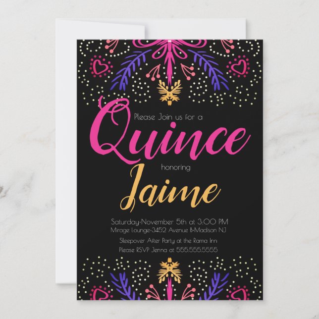 Quinceanera Quince Fun Dotted Floral Pink Black Invitation (Front)