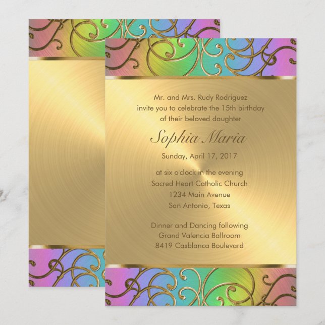 Quinceanera Rainbow and Gold Filigree Swirls Invitation (Front/Back)
