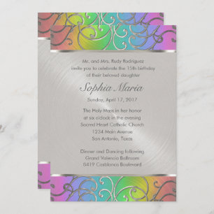 Quinceanera Rainbow and Silver Filigree Swirls Invitation