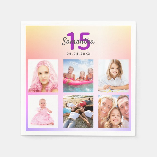 Quinceanera rainbow custom photo pink purple napkin (Front)