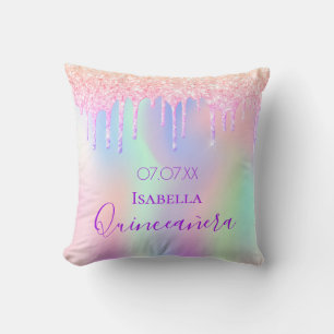 Quinceanera rainbow rose gold pink glitter cushion