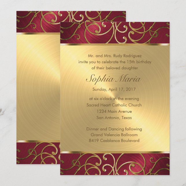 Quinceanera Red and Gold Filigree Swirls Invitation (Front/Back)