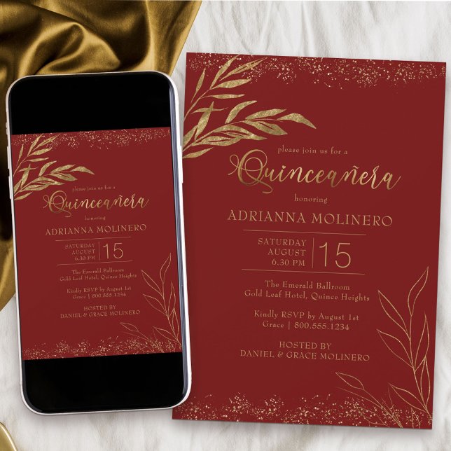 Quinceanera Red and Gold Leaf Elegant Invitation (Modern Quinceanera invitation in red and gold from my Gold Leaf Collection)