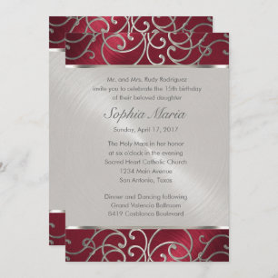 Quinceanera Red and Silver Filigree Swirls Invitation