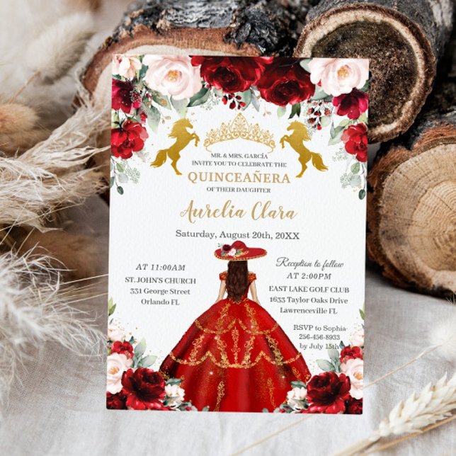 Quinceañera Red Blush Floral Charro Gold Horses Invitation (Creator Uploaded)