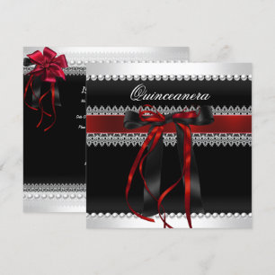 Quinceanera Red Bow Black Pearl Lace Diamond Invitation