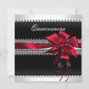 Quinceanera Red Bow Black Pearl Lace Diamond Invitation