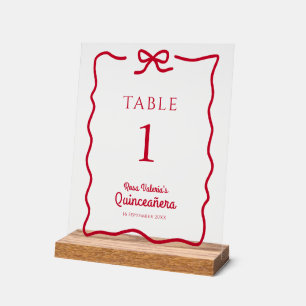 Quinceañera Red Bow Table Numbers personalised Acrylic Sign