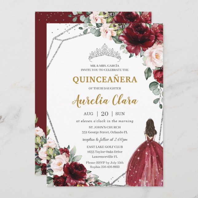 Quinceañera Red Burgundy Blush Floral Silver Tiara Invitation (Front/Back)