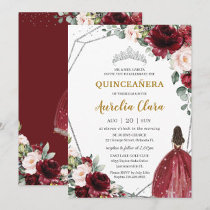 Quinceañera Red Burgundy Blush Floral Silver Tiara Invitation