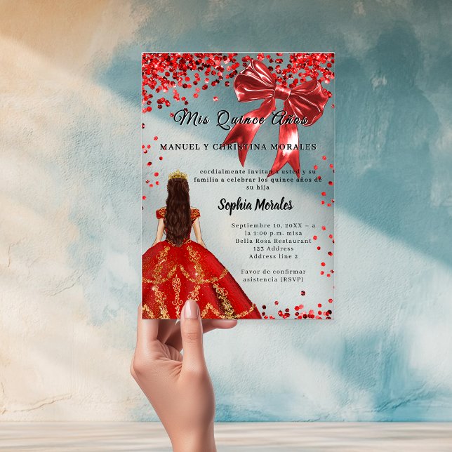 Quinceanera red dress bow clear acrylic invitations (Creator Uploaded)