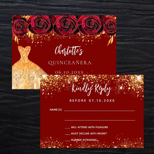 Quinceanera red dress flowers gold RSVP card (Creator Uploaded)