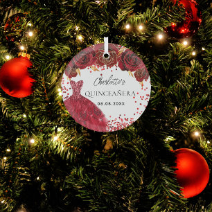 Quinceanera red dress flowers white glass tree decoration