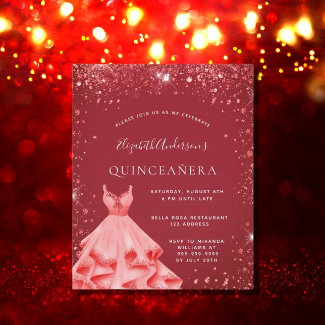 Quinceanera red dress glitter invitation (Creator Uploaded)