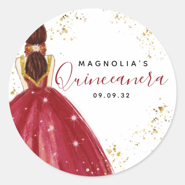 Quinceanera Red Dress Gold Glitter Classic Round Sticker (Front)