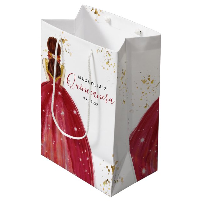 Quinceanera Red Dress Gold Glitter   Medium Gift Bag (Front Angled)