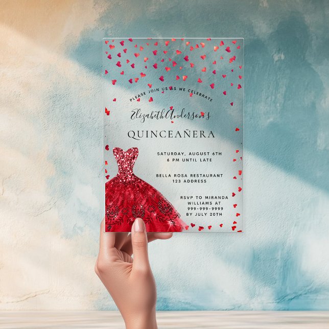Quinceanera red dress hearts clear acrylic invitations (Creator Uploaded)