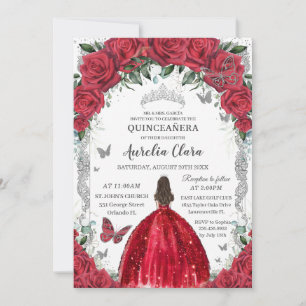 Quinceañera Red Dress Roses Floral Vintage Silver Invitation