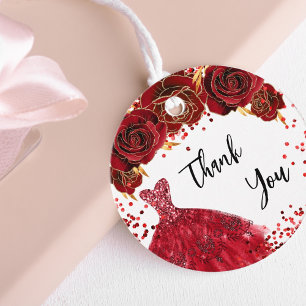 Quinceanera red dress white thank you favour tags