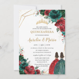Quinceañera Red Emerald Green Floral Twins Gold Invitation