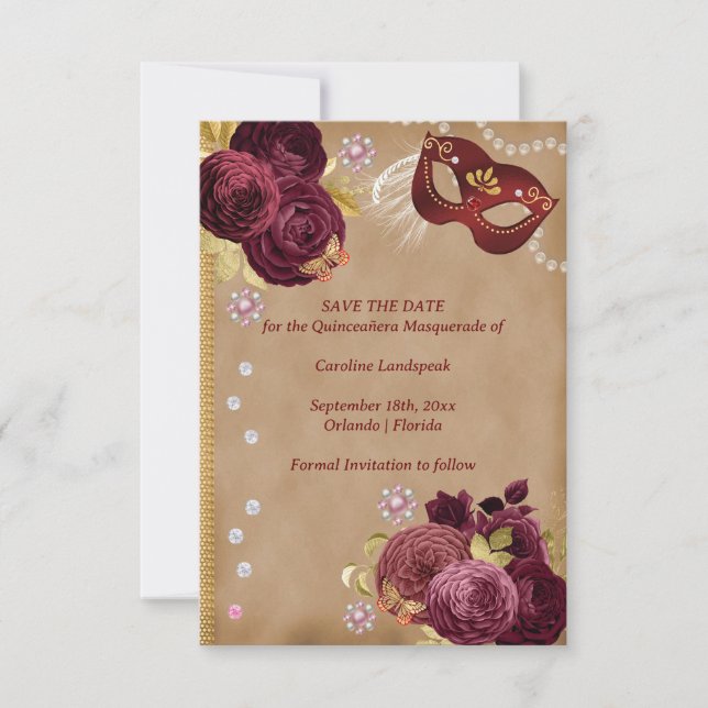Quinceañera Red English Roses Gold Red Masquerade Save The Date (Front)