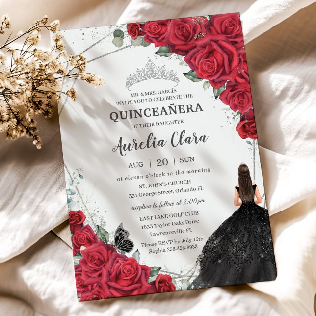 Quinceañera Red Floral Black Dress Silver Crown Invitation (vibrant red roses floral black dress brunette girl silver geometric princess crown quinceanera card)