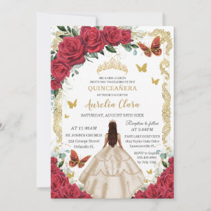 Quinceañera Red Floral Champagne Dress Princess  Invitation