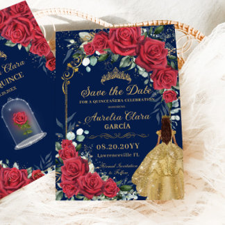 Quinceañera Red Floral Enchanted Rose Navy Blue Save The Date