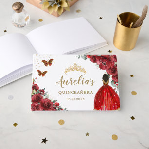 Quinceanera Red Floral Roses Brown Princess Dress Guest Book