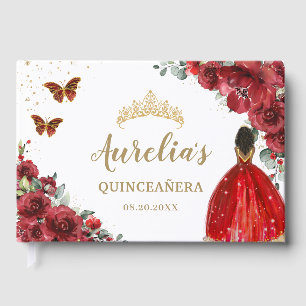 QUINCEAÑERA Red Floral Roses Brown Princess Dress Guest Book