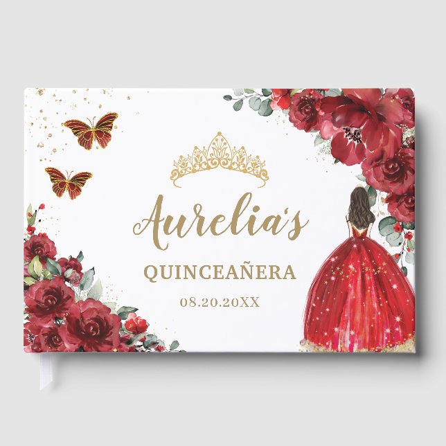 QUINCEAÑERA Red Floral Roses Princess Butterflies  Guest Book (Front)