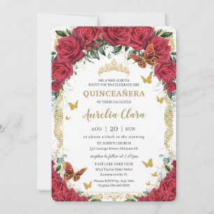 Quinceañera Red Floral Vintage Gold Butterflies Invitation