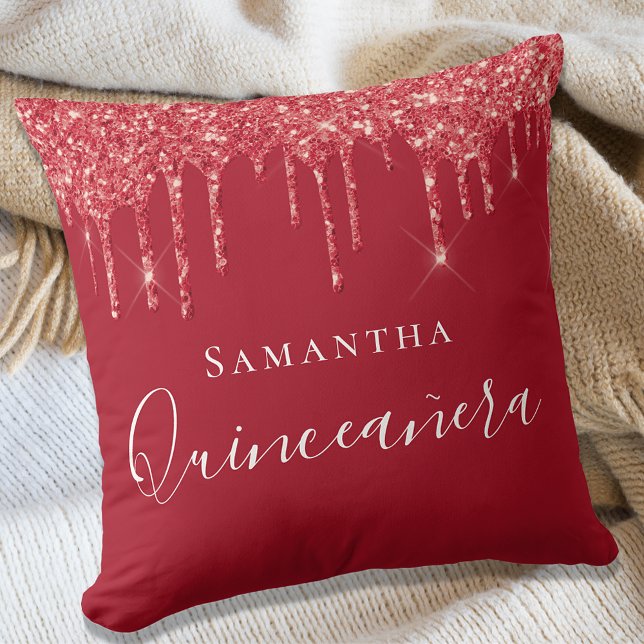Quinceanera red glitter drips name cushion (Creator Uploaded)
