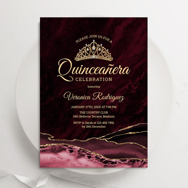 Quinceanera Red Gold Agate Marble Invitation (Creator Uploaded)