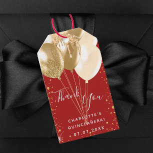 Quinceanera red gold balloons thank you gift tags