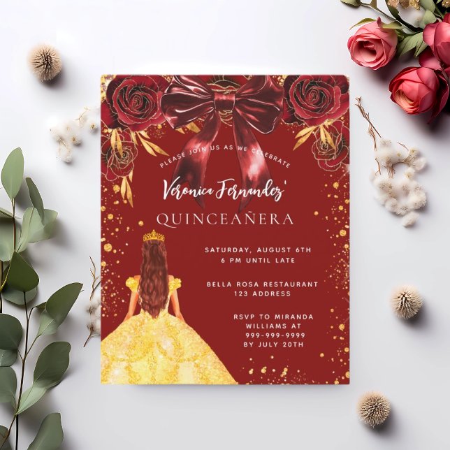 Quinceanera red gold dress bow floral invitation (Creator Uploaded)