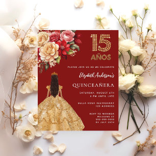 Quinceanera red gold dress floral roses invitation