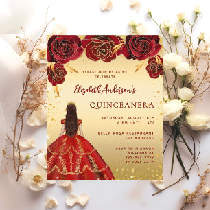 Quinceanera red gold dress florals invitations