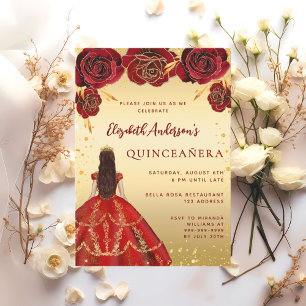 Quinceanera red gold dress florals roses invitation